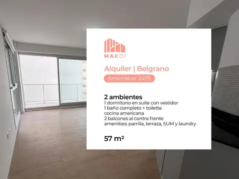 Excelente Dpto. 2 ambientes en Alquiler en edificio con amenities.