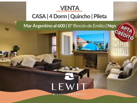 Venta Casa 4 Dormitorios | Bº Rincón de Emilio | Pileta y Quincho | Apta Crédito