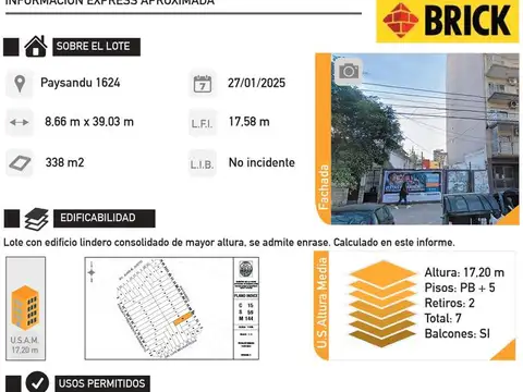 LOTE DE 8.66X39 MTS EN PAYSANDU AL 1600 - A CONSTRUIR 1439 M2 NETOS VENDIBLES