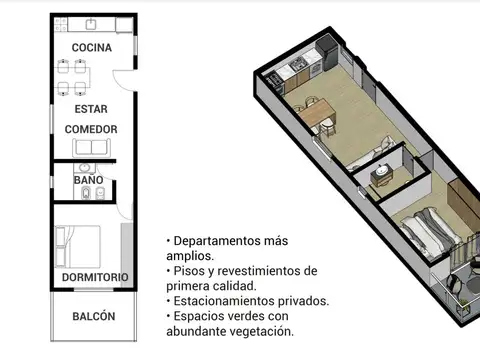 Departamento 2 ambientes con 1 baño