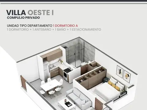 Departamento 2 ambientes con 1 baño
