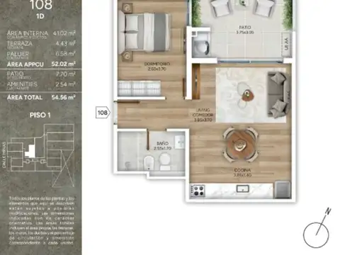 Venta 1 dormitorio con patio en pozo