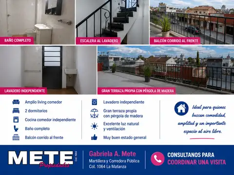 ALQUILER – DEPARTAMENTO 3 AMBIENTES CON GRAN TERRAZA PROPIA   San Justo – A metros de Av. Santa María