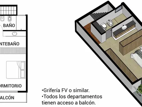 Departamento Monoambiente con 1 baño