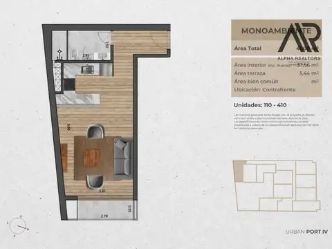 Departamento Monoambiente con 1 baño