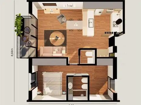 Departamento 2 ambientes con 2 baños