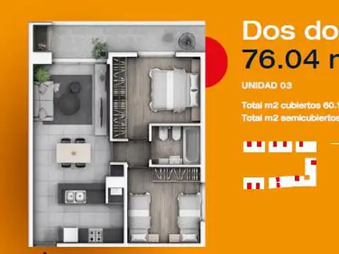 Departamento 3 ambientes con 1 baño