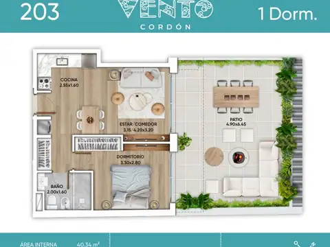Departamento 2 ambientes con 1 baño
