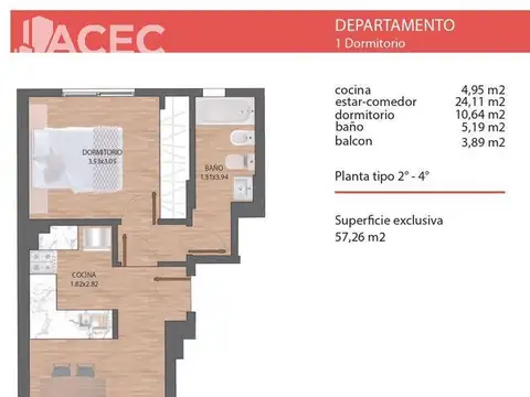 Departamento 2 ambientes con 1 baño