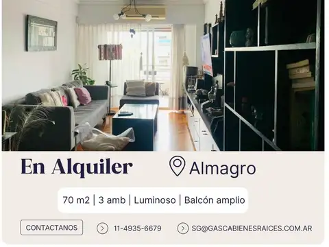Alquiler, Departamento, Almagro, 3 ambientes con  balcón amplio.