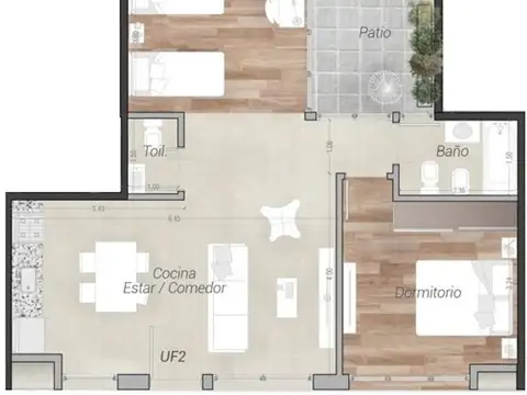 Depto Tipo Casa 3 ambientes con 2 baños