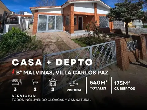 VENTA DE CASA   DPTO C/PILETA A MTS DEL CENTRO. B° Malvinas- Villa Carlos Paz