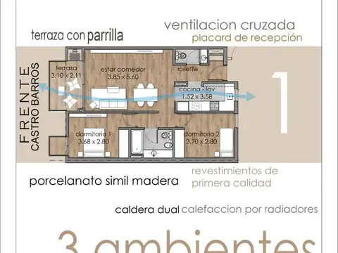 Departamento 3 ambientes con 1 baño