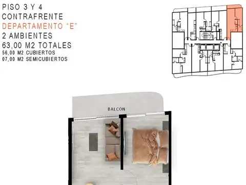 Departamento 2 ambientes con 2 baños