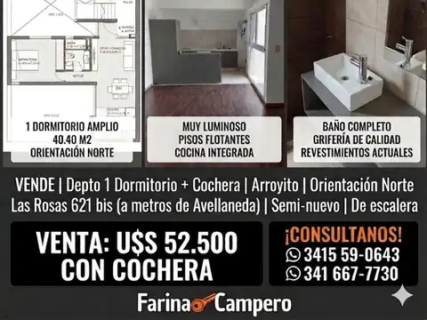 Depto 1 Dormitorio + Cochera | Arroyito | Orientación Norte