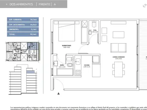 Departamento 2 ambientes con 1 baño