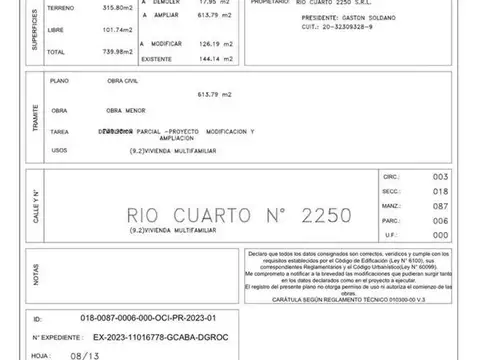 Venta Terreno o Lote de 9,5 X 33,30 m² en Barracas