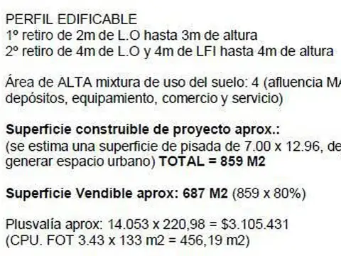 Terreno en Venta 7  mts Frente