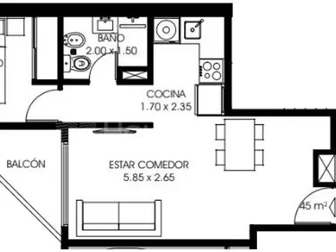 Departamento 2 ambientes con 1 baño