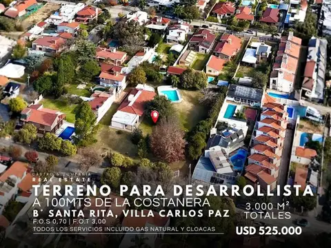 Venta Terreno Premium de 3.000 m2 En Villa Carlos Paz - Barrio Santa Rita A Metros De La Costanera