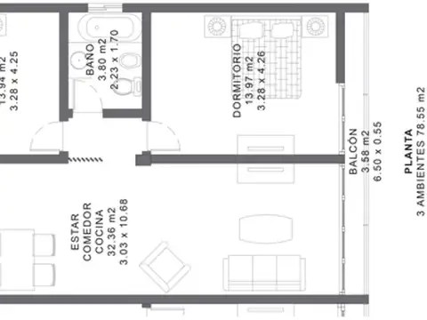 Departamento 3 ambientes con 1 baño