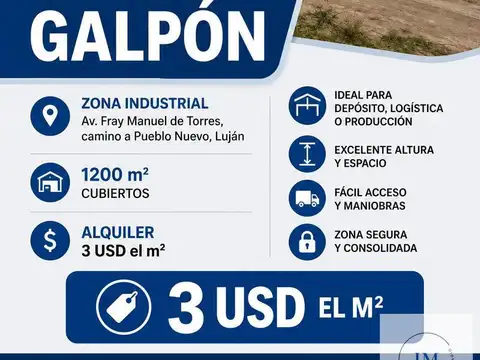 ALQUILER GALPON ZONA INDUSTRIAL LUJAN