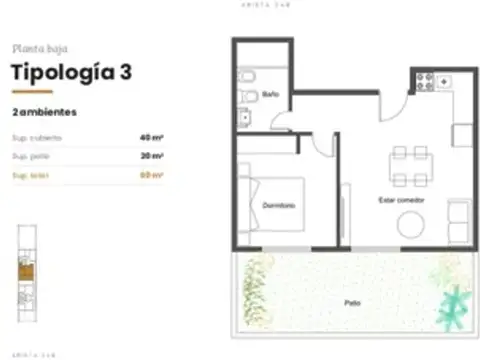 Departamento 2 ambientes con 1 baño