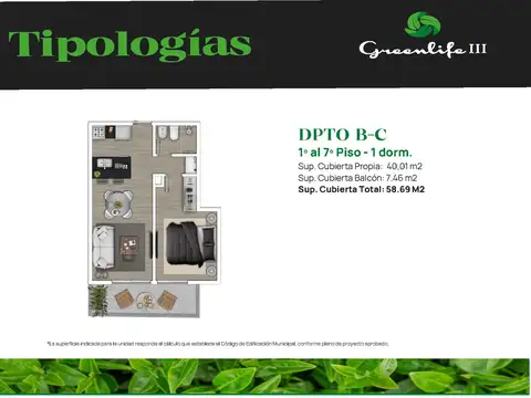 Departamento Monoambiente con 1 baño
