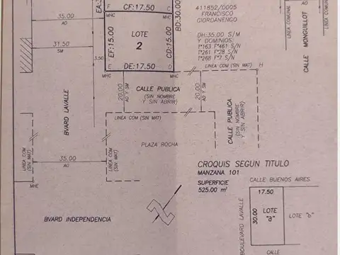 Terreno en Venta 17  mts Fondo