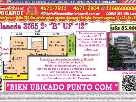 BIEN UBICADO PUNTO COM. balcon frte  PLAZA  VELEZ SARSFIELD 