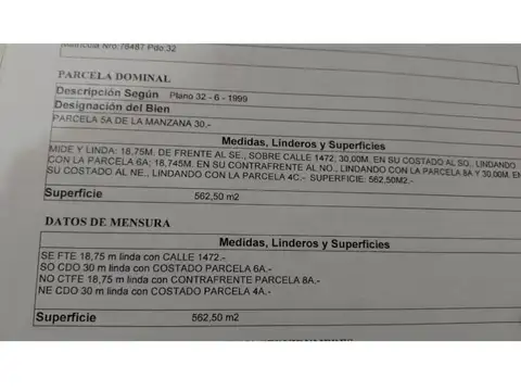 Terreno en Venta 30  mts Fondo
