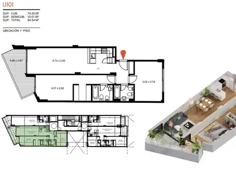 Departamento en Venta de 3 ambientes