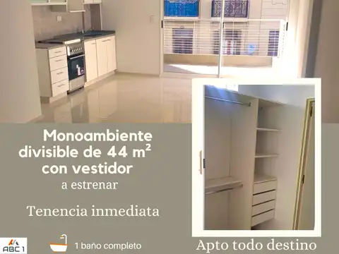 ZONA FACULTADES, a Estrenar MONOAMBIENTE 44 m² DIVISIBLE, APTO TODO DESTINO, COCHERA OPCIONAL, PÓLIZA DE CAUCIÓN