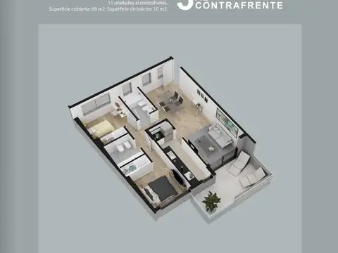 Departamento 3 ambientes con 2 baños