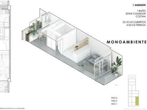 Monoambiente con cocina separada