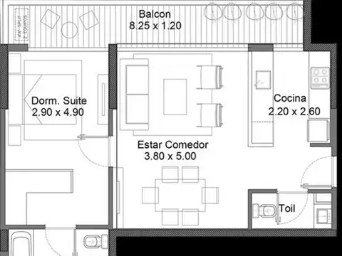 Departamento 2 ambientes con 1 baño