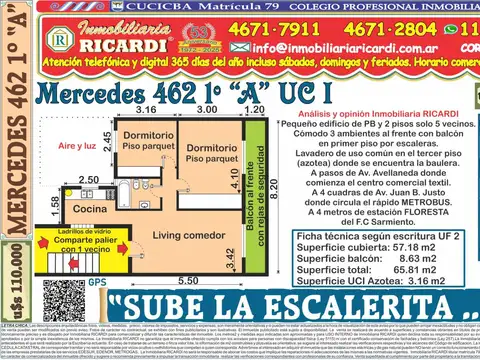 SUBE SUBE  LA ESCALERITA  3 amb. al frente balcón corrido 