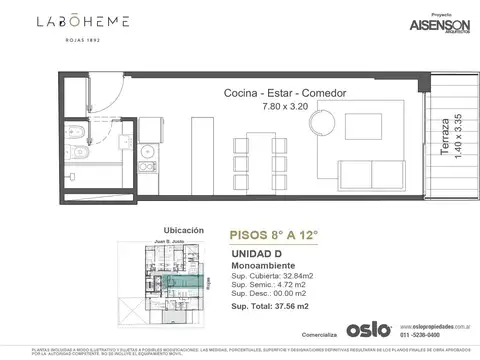 Departamento Monoambiente con 1 baño