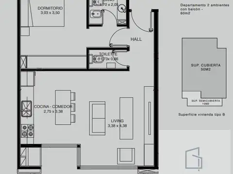 Departamento 2 ambientes con 1 baño