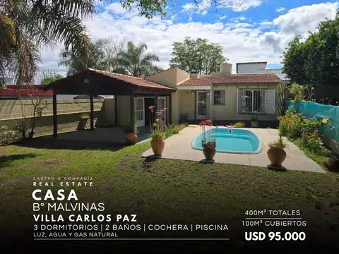 Venta Casa De 3 Dormitorios Con Pileta Y Jardín En Barrio Malvinas Villa Carlos Paz
