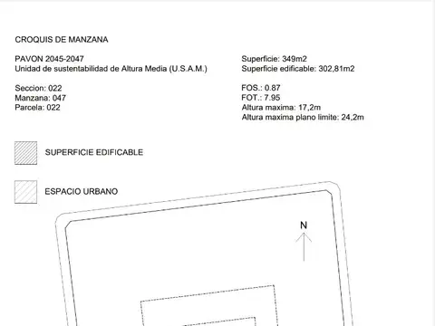 Pavón 2000. 10 x 30 = 349 m2. Fot 7,95. Para construir 2775 m2. 7 pisos, más subsuelo