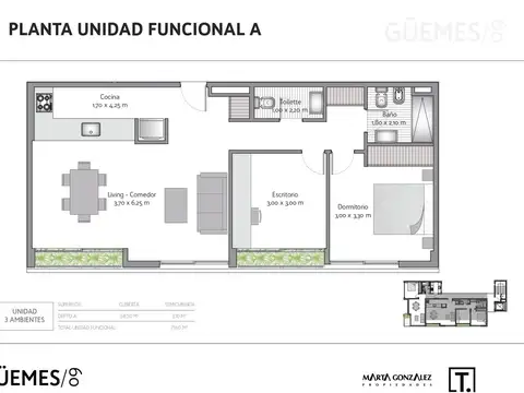 Departamento 3 ambientes con 2 baños