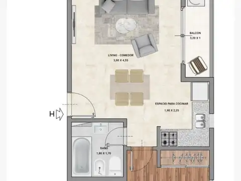 DEPARTAMENT DOS AMBIENTES CON BALCON  LATERAL