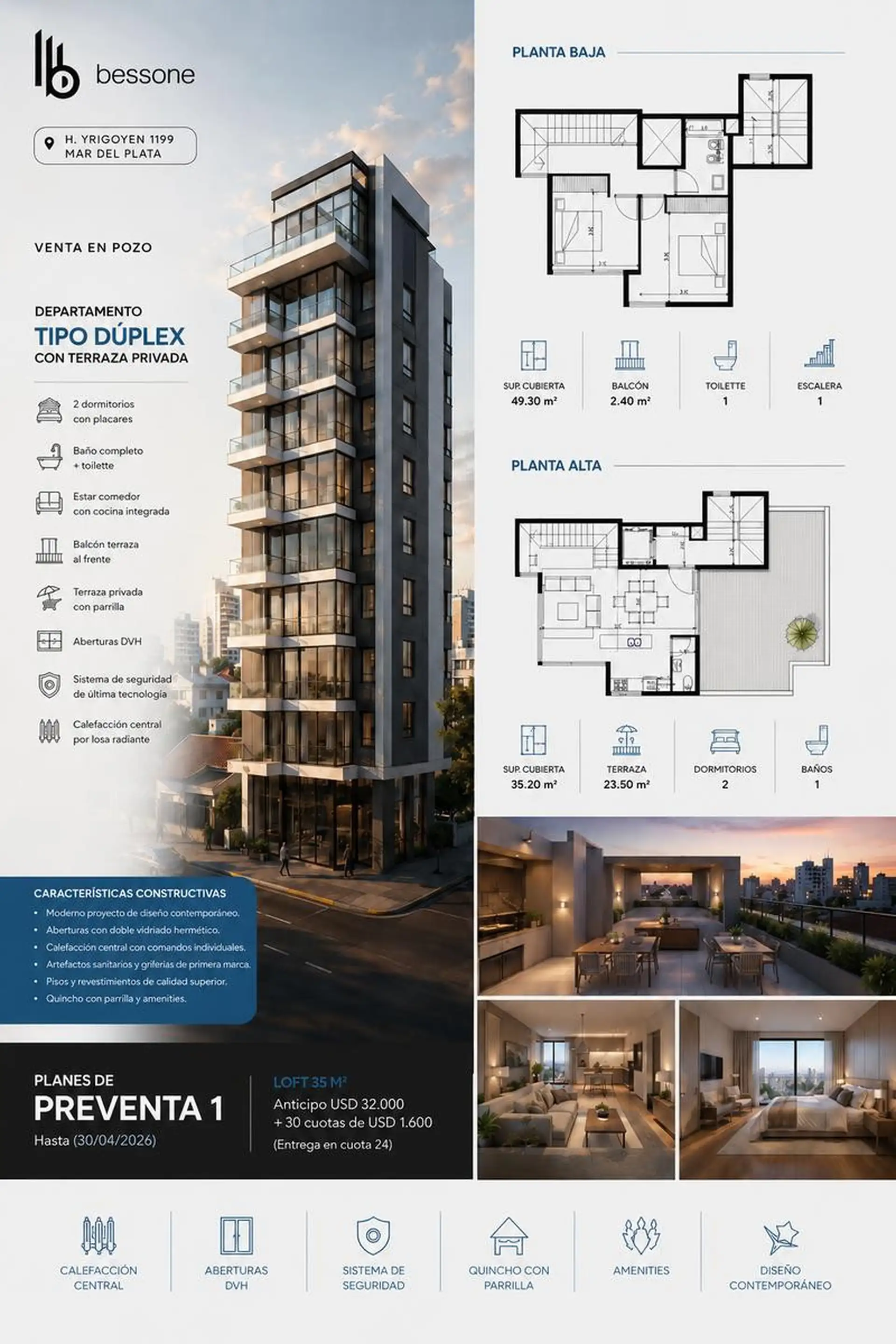 Dúplex 3 amb, 60m² con terraza privada y parrilla — La Perla