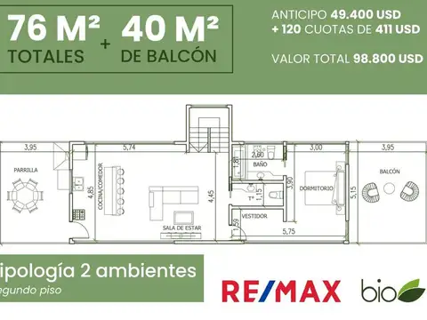 Departamento en Venta de 2 ambientes