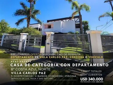 Venta De Casa De Lujo Y Departamento Con Piscina Climatizada En Costa Azul, Villa Carlos Paz