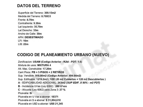 Terreno en Venta de 1091,0 m2