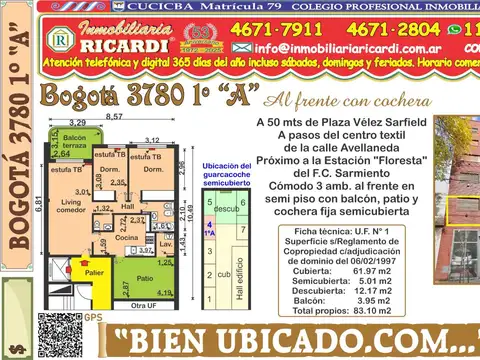 BIEN UBICADO.COM... 3 amb. balcon-tza  al frente + coch 