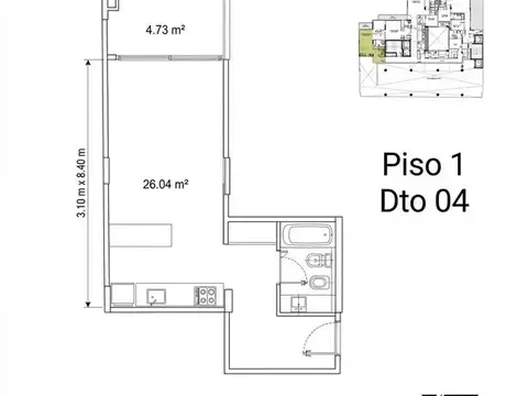 Departamento Monoambiente con 1 baño
