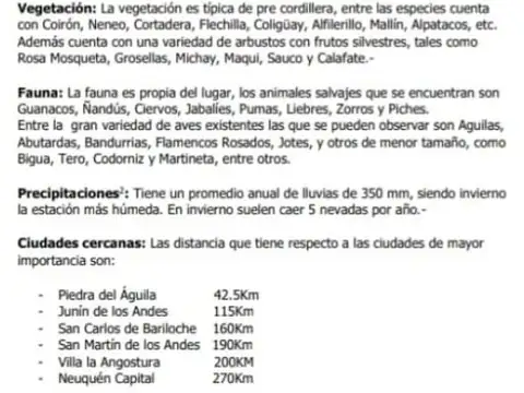 Estancia 22300 has. PIEDRA DEL AGUILA. Departamento de COLLON CURA. Provincia de Neuquén u$s 60...